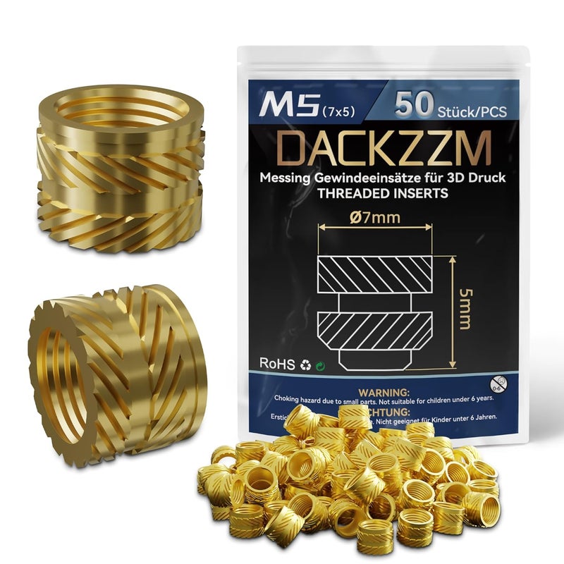DACKZZM Heat Set Insert, M5 Threaded Inserts for Plastic and 3D Printing (50 Pieces), Brass Metric Knurled Nuts - Insert by Heat into Plastic Parts - Image 1